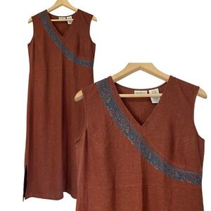 White Stag Linen Blend Maxi Dress Size S Chocolate Brown Embroidered Minimalist